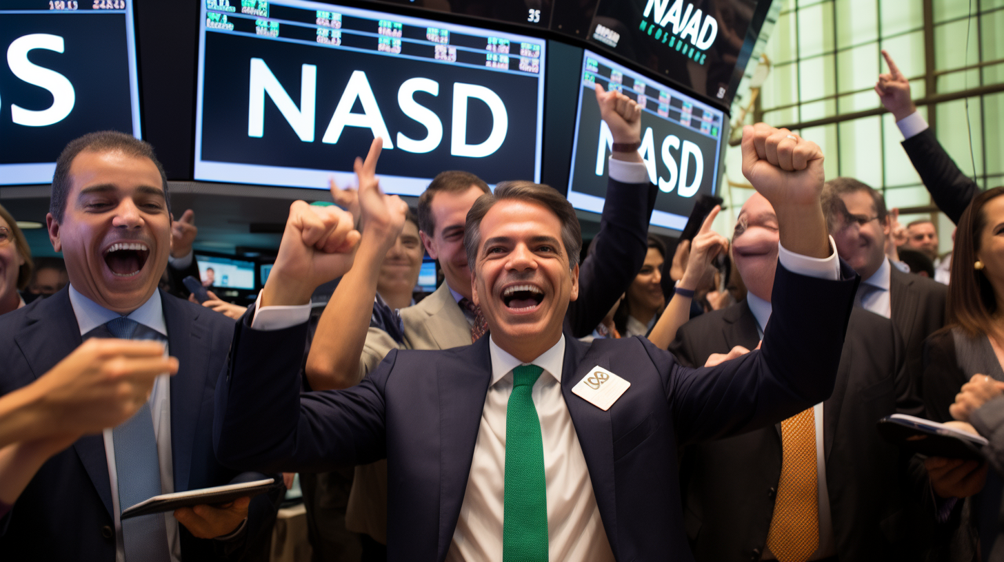 Logo de uma empresa brasileira exibido no painel eletrônico da NASDAQ durante seu IPO.